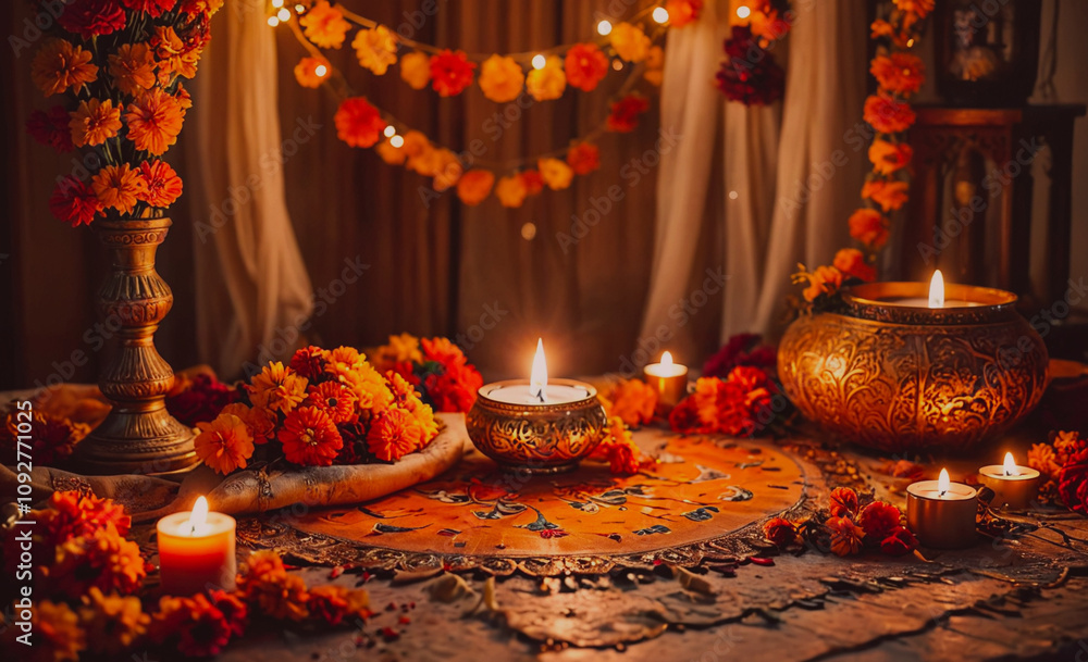Poster table with candles and flowers on it. the candles are lit and the flowers are orange. there are also