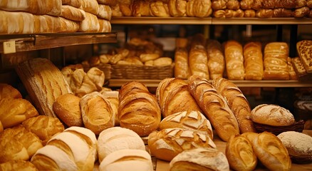 A close up of freshly baked bread and pastries displayed on a bakery counter. And displays a variety of breads on the shelves. This scene highlights the natural and traditional craft of baking.