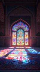 Vibrant stained glass window casting colorful shadows on the floor.