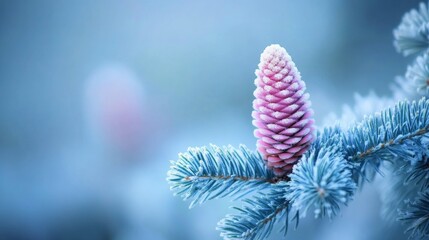 A young, pink spruce cone waits for pollen.  A blue spruce also has young cones.  A young fir cone sits on a branch.