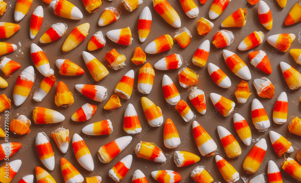 Poster close up of many orange and white corn cobs. some are whole, some are broken