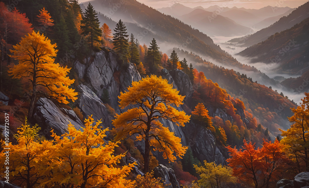 Aufkleber mountain range with trees in autumn colors. the trees are orange and yellow. the mountains are cover