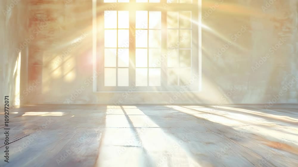 Poster an empty room filled with soft sunlight streaming through a large window, creating a warm, tranquil 