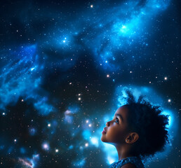 close-up to head of cute black kid standing and looking into astonishing night sky; concept of interest in astronomy, stars, universe; copy space