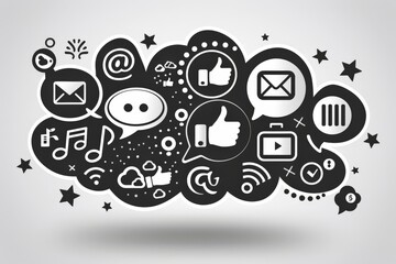 Obraz premium Creative Illustration of Social Media Icons and Communication Elements in a Stylish Black and White Design for Digital Content and Social Engagement