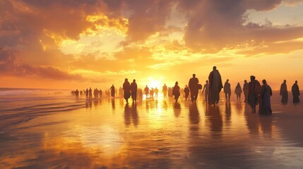 Silhouettes of people walking towards a brilliant sunset on a beach.