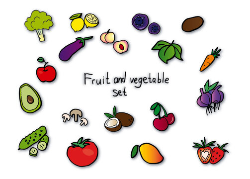 Set of fruits and vegetables. Colourful vegetables and fruits. All kinds of green vegetables and fruits for cooking, planting in the garden. For kids.
