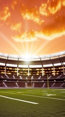 Obraz premium A vibrant sunset over a football stadium, highlighting the field and seating.