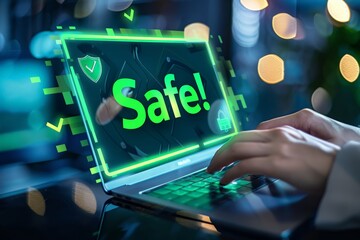Digital security concept with glowing "Safe!" text on a laptop screen, illustrating cybersecurity, online protection, and safe browsing in a modern workspace