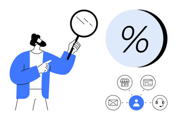 Business professional with magnifying glass examining percentage symbol. Infographic elements show connections to email, phone, store, database, and contact information. Ideal for customer analysis