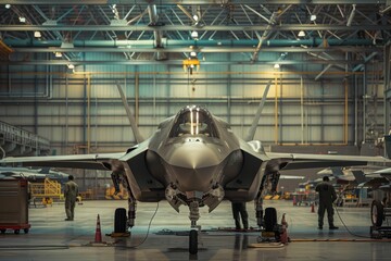Fighter Jet Inside Maintenance Hangar with Technicians Working on Aircraft in Modern Military Environment