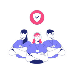 Three Team Members With Shield And Checkmark In Flat Vector Illustration Symbolizing Security, Teamwork, And Reliability, Isolated On White Background.