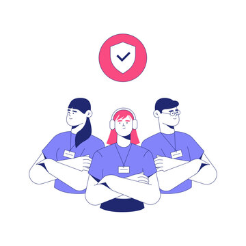 Three Team Members With Shield And Checkmark In Flat Vector Illustration Symbolizing Security, Teamwork, And Reliability, Isolated On White Background.