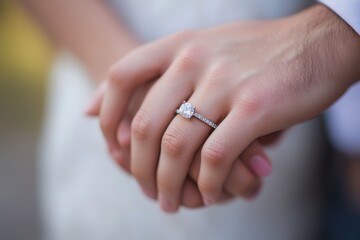 Couple holds hands, showcasing engagement ring in a romantic moment outdoors