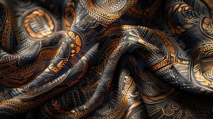 A close-up of a dark blue fabric with gold patterns.