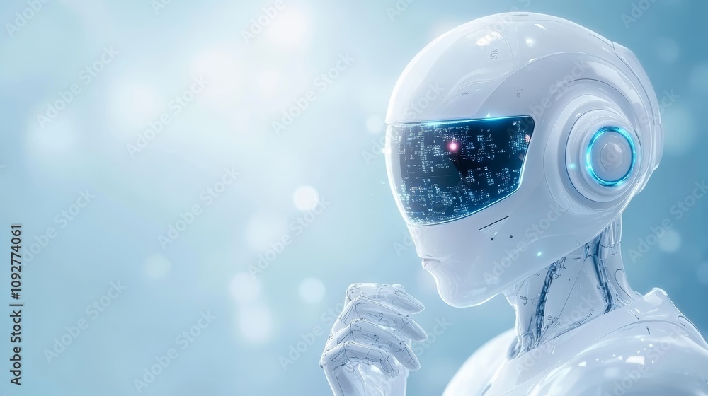 Poster futuristic humanoid robot with a sleek design and glowing elements, illustrating the intersection of