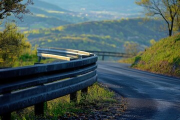 Obraz premium A winding road through lush green hills under a clear sky.