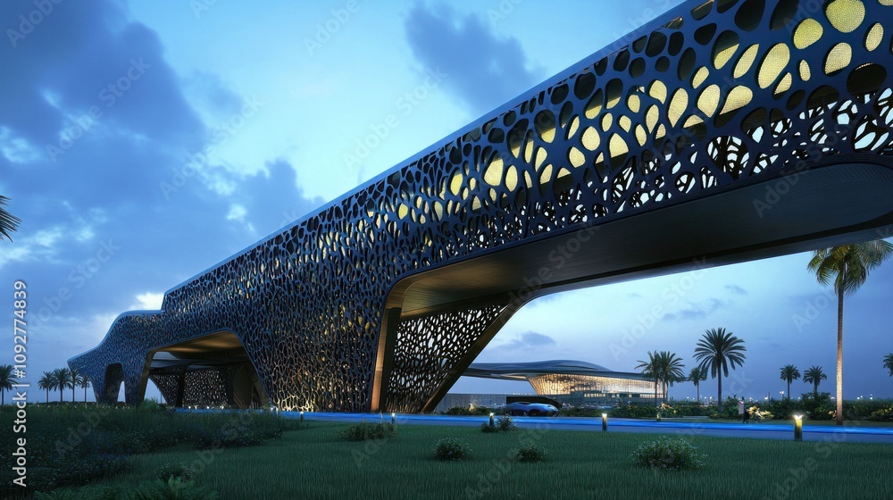 Aufkleber A modern architectural structure with intricate patterns and a sleek design, set against a twilight sky.