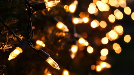 Sparkly gold Christmas lights shine against a dark background.