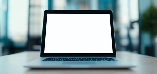 mock up technology concept. A sleek, modern laptop sits on a desk, featuring a blank screen, set against a blurred background of an office environment.