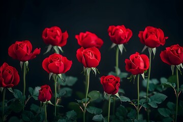 Obraz premium Roses arranged beautifully with dark background and green leaves