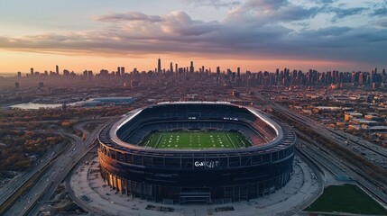 Aerial view of a modern stadium surrounded by a city skyline at sunset.