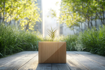 A Seed of Hope: Minimalist Urban Greenery.  A small plant sprouts in a wooden box, symbolizing nature's resilience in a modern setting.  A tranquil scene of hope and renewal.