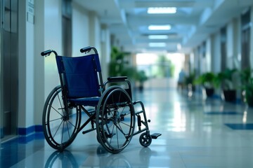 Obraz premium Wheelchair Positioned in a Modern Hospital Corridor with Bright Lighting and Clean Floors Creating a Sense of Accessibility and Care for Patients in Need
