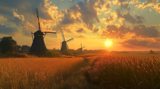 Windmills generating power stand in a Skanderborg, Denmark field.