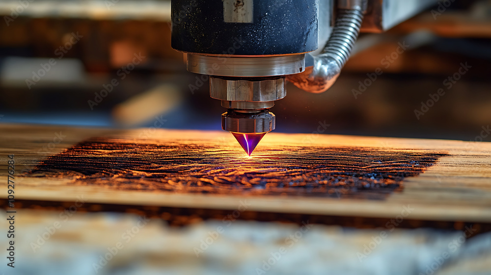 Poster close up of laser engraving machine working on wooden surface, showcasing intricate patterns and vib