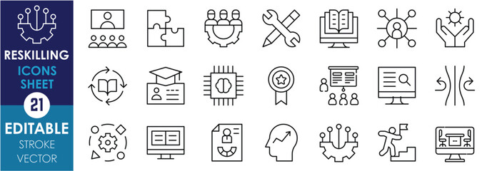 A set of line icons related to Reskilling. Skill, technical, education, workshop, intelligent, soft skill, career, microlearning, and so on. Vector editable stroke.