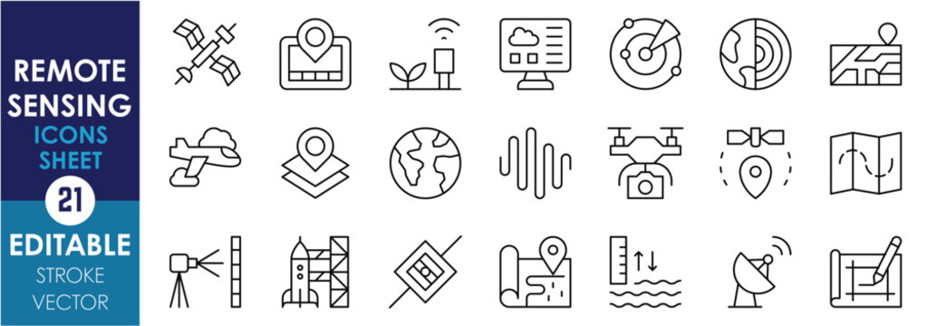 A set of line icons related to Remote Sensing. Mapping, satellite, waves, plane, drone, radar, sea level, monitoring, and so on. Vector editable stroke.
