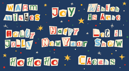 Collection of winter lettering. Anonymous letters cut from magazines. Cuts from newspaper. Letters on pieces of paper in different colors. Retro grunge criminal alphabet set. New year message