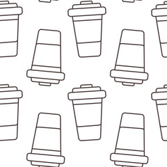 Disposable cup with lid. Outline Seamless pattern in minimalistic style. Takeaway background concept