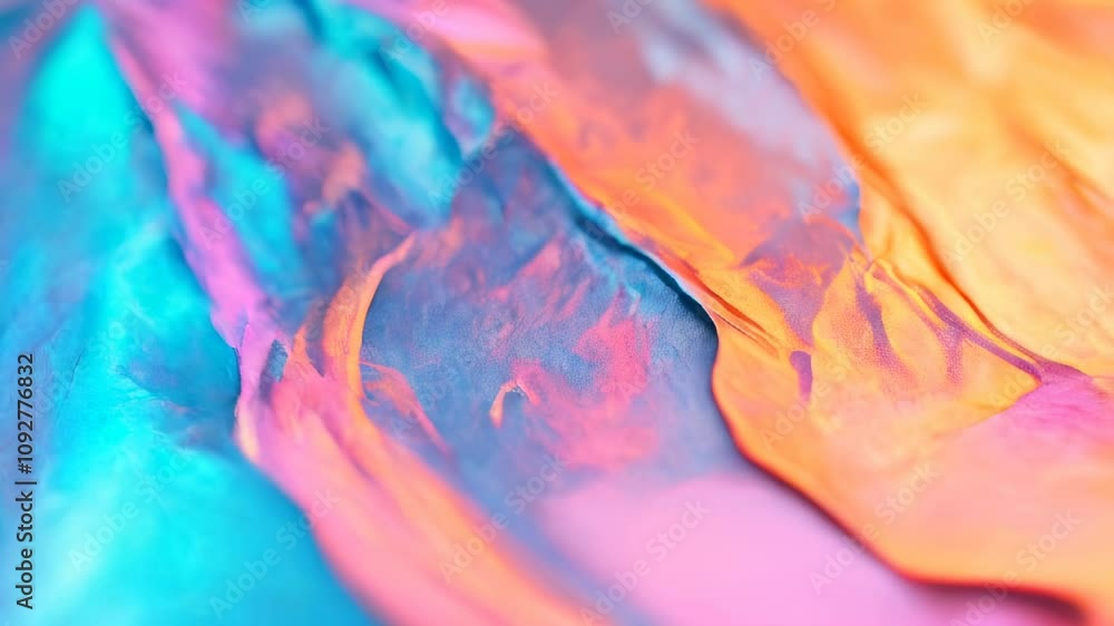 Poster close-up of crumpled metallic surface with iridescent colors blending from pink to blue, creating a 