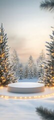 Fototapeta premium A snowy outdoor podium surrounded by fir trees adorned with soft golden lights, creating a peaceful winter atmosphere. Open space in the center for showcasing a product.