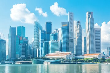 Fototapeta premium A panoramic view of a modern city skyline reflecting on water under a clear blue sky.