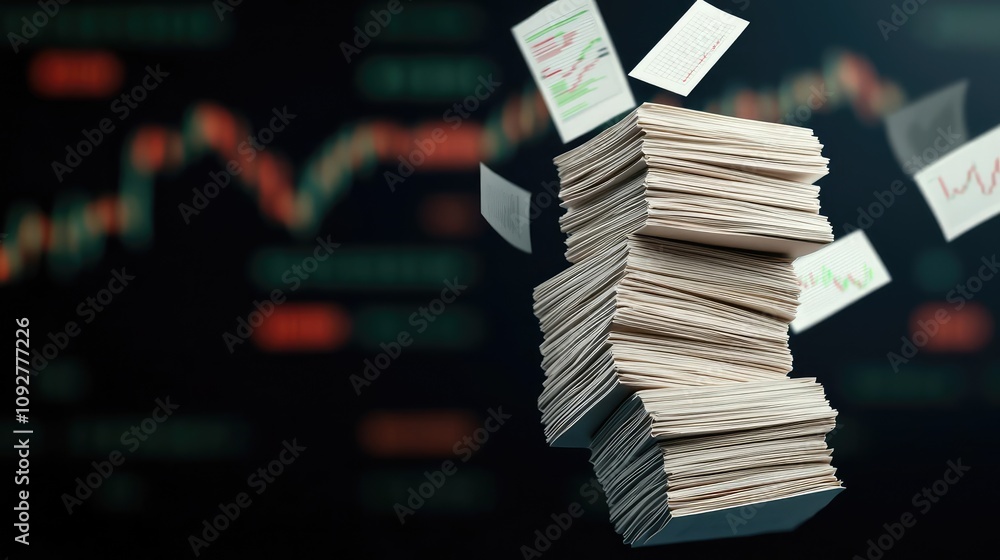 Poster stack of documents with financial charts in the background.
