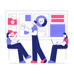 Team Collaboration And Digital Workflow Presentation In Office Setting In Flat Vector Illustration Symbolizing Teamwork, Organization, And Productivity, Isolated On White Background.