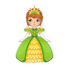 Cute princess or girl in a green dress. Vector illustration in cartoon style.