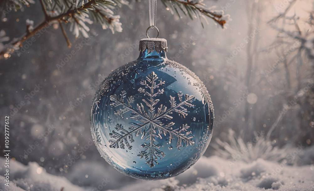 Poster blue glass ornament with a snowflake on it. the snowflake is made of silver. the ornament is hanging