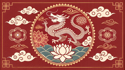 Naklejka premium Red Chinese dragon with lotus and cloud patterns