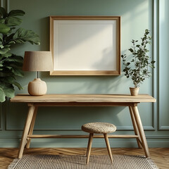 Scandinavian table with lamp, plant, and stool in cozy interior. soft green wall enhances natural wood elements, creating serene atmosphere