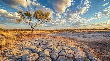 Fototapeta premium Dramatic drought landscape with lone tree australian outback photography arid environment wide-angle view nature's resilience