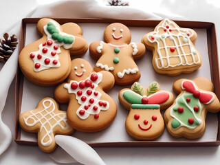 Tray of christmas cookies iced in white reed and green, gingerbread men and houses. 