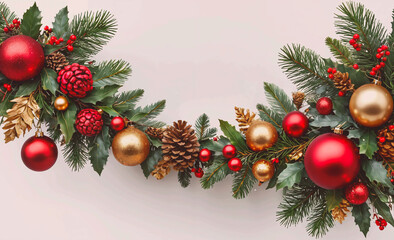 Red and gold wreath with many red and gold balls. The wreath is hanging on a wall