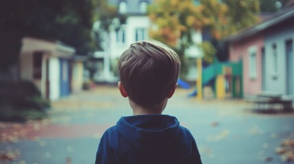 Boy in Schoolyard Avoiding Eye Contact in Soft Light