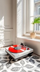 Turntable with a vibrant red vinyl record by a sunlit window, AI
