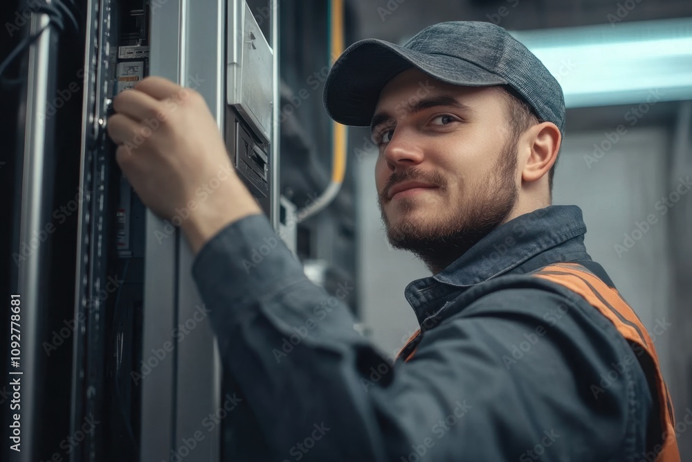 Poster technician working on server equipment in a data center during the afternoon