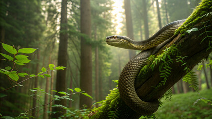 Snake on mossy branch in dense forest